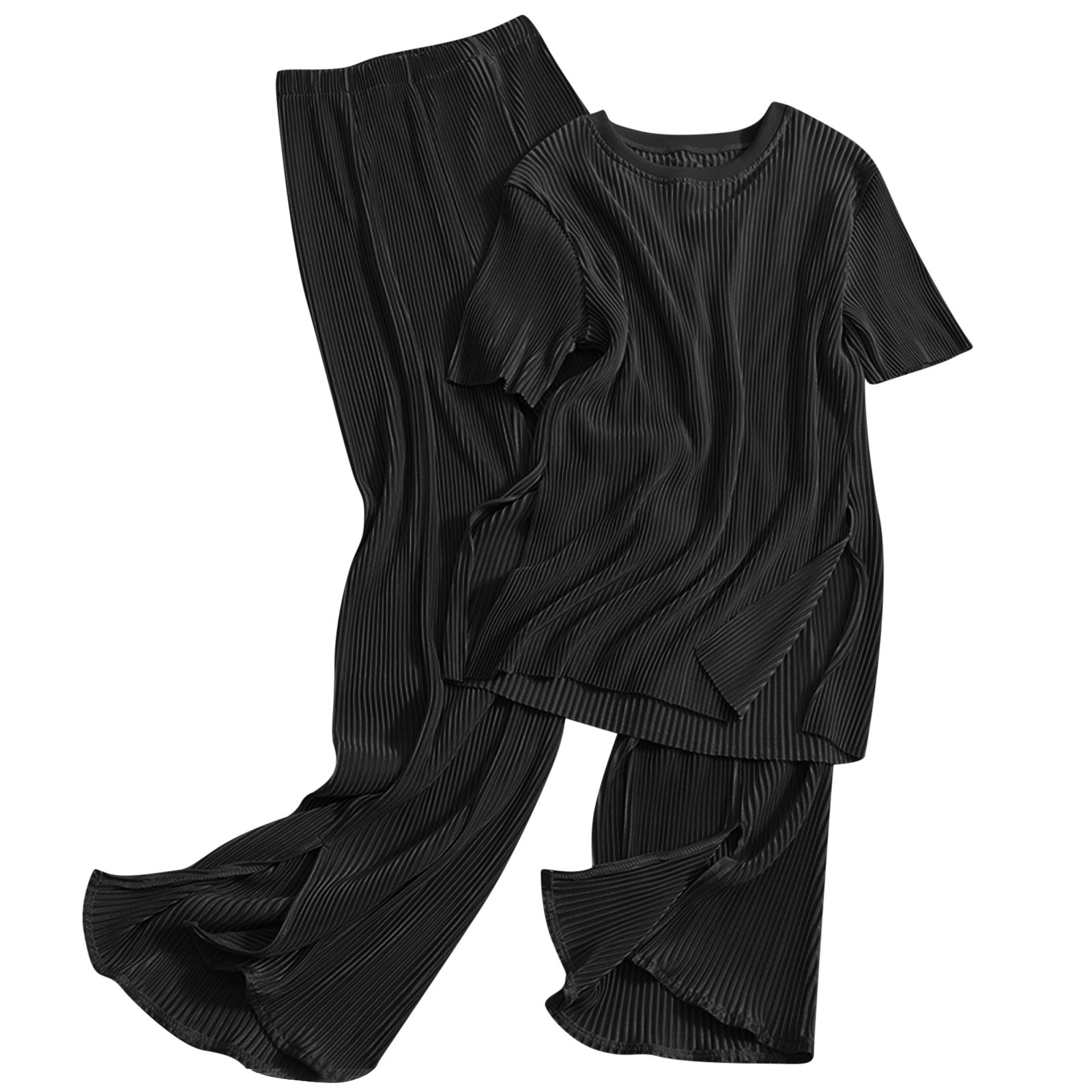 thumbnail image 1 of Conjunto de dos piezas de verano para mujer: top con cuello redondo + pantalones de cintura alta con abertura, tejido de punto, estilo informal/relajado, talla única, 1 of 3